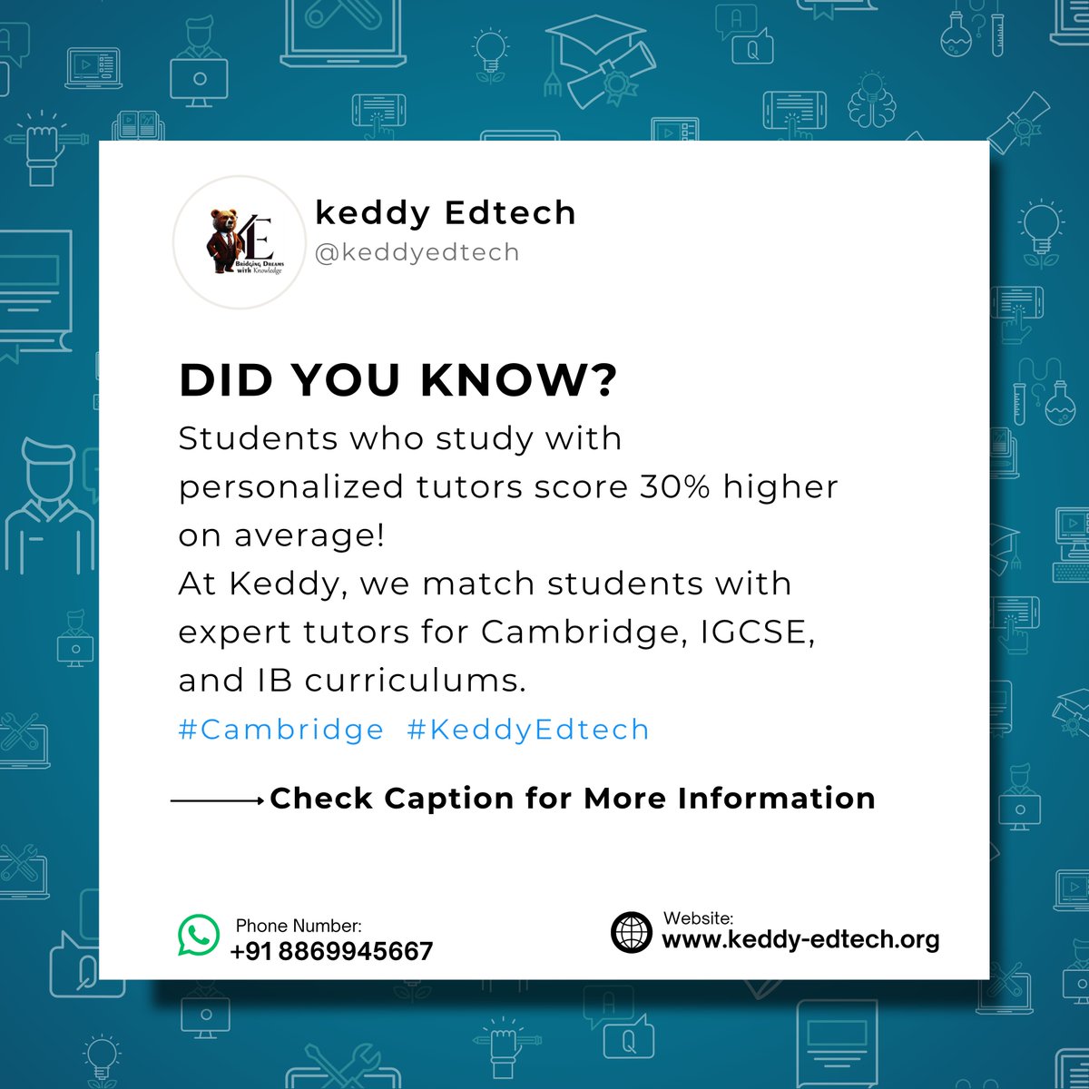 KeddyEdtech's tweet image. Students with personalized tutors score 30% higher on average. At Keddy EdTech, we match learners with expert Cambridge, IGCSE, and IB tutors—so effort turns into achievement.

🔗 keddy-edtech.org   #KeddyEdTech #CambridgeExams #IGCSEPrep #SmartLearning #TutoringWorks