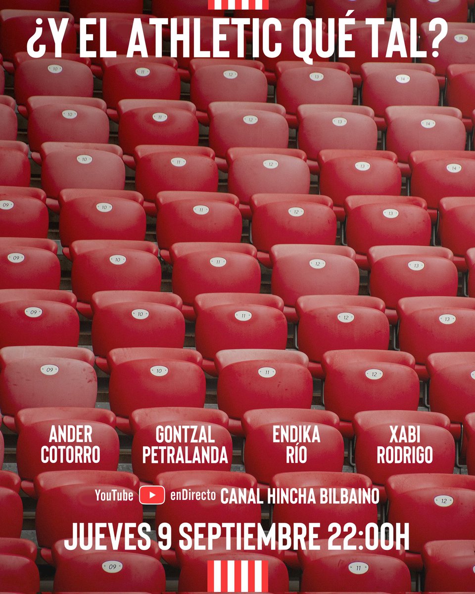 ‼️ATENCIÓN‼️
 
📅 Jueves 9 Oct. a las 22:00 h. 🕙

🇦🇹 Tertulia zurigorri: "¿Y el <a href="/AthleticClub/">Athletic Club</a> qué tal?" 

💻 YouTube en directo

🔊 Canal Hincha Bilbaino

👥 Invitados: <a href="/Ander_Cotorro/">Ander Cotorro</a>, <a href="/GontzalPS22/">Gontzal Petralanda</a>, <a href="/endikario/">Endika Río</a> y #XabiRodrigo

🗣️ Moderador: Alfredo Casas

👉🏻 ¡Contamos contigo!