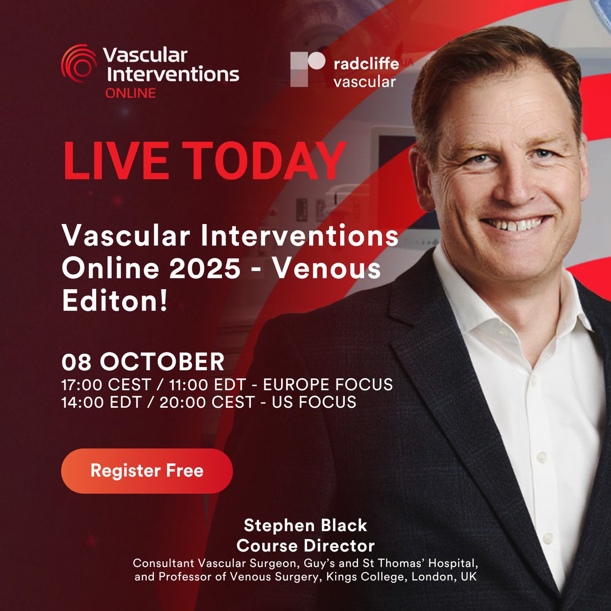 🚨 Vascular Interventions Online (VIO) 2025 – #Venous Edition goes live today!

Join us from 16:00 BST | 17:00 CEST for an unmissable educational experience

Register now 👉 ow.ly/5fWI50X8lGN

💻 Free to attend and designed for vascular specialists worldwide

#VIO2025 #DVT