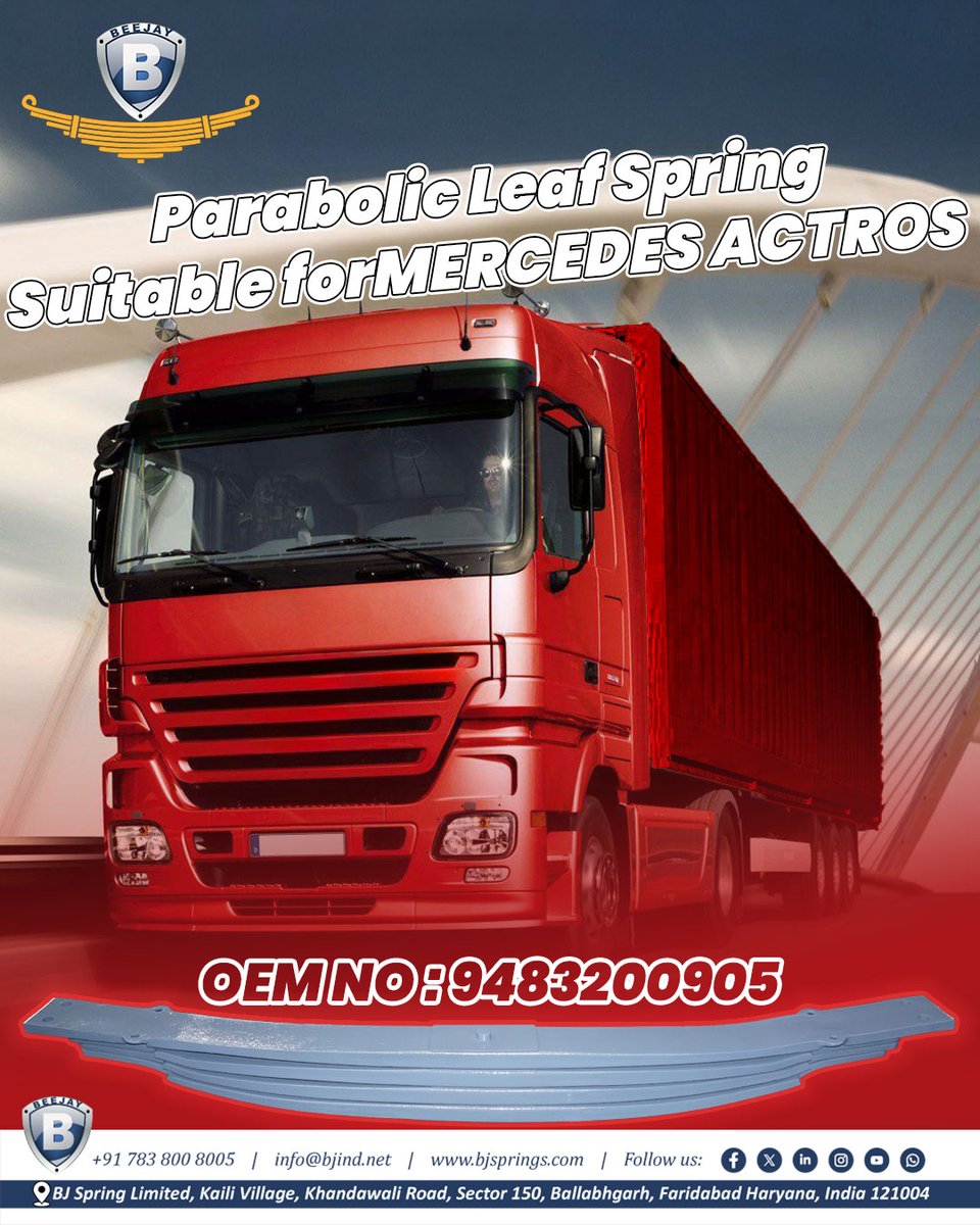 bjspringsind's tweet image. 🚛💪 Upgrade your Mercedes Arocs with Parabolic Leaf Springs from BJ Spring Limited!
✅ OEM No: 9603200502
✅ Heavy-duty strength
✅ Smooth suspension
🌐 bjsprings.com | 📞 +91 783 800 8005
#LeafSpring #MercedesArocs #HeavyDutyPerformance #TruckParts
