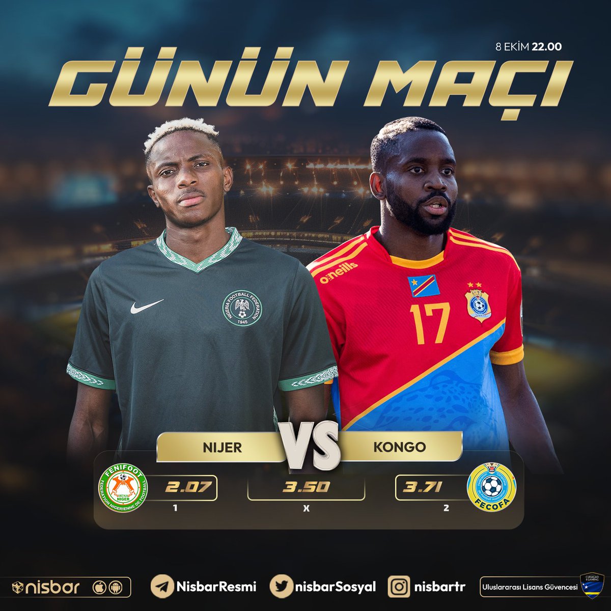 🔔 Günün En Çok Beklenen Maçı!

📅 Tarih: 22.00

⚽️#Nijer  🆚 ⚽️#Kongo

Hemen oyna: nisurl.com/nisbargir

🎁GÜNLÜK 1000₺'YE KADAR %20 SPOR YATIRIM BONUSU!
🎁GÜNLÜK 500₺'YE KADAR %20 FREEBET!

#Nisbar #Nisbargiris