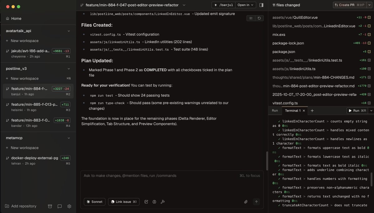 Jakub Skałecki 🚀 #buildinpublic (@jskalc) on Twitter photo Ok I really like my workflow now 😌
I've started using conductor from <a href="/charliebholtz/">Charlie Holtz</a> and I love it! I can finally orchestrate multiple CC threads without fatigue.
Also I'm using research-plan-implement approach from <a href="/dexhorthy/">dex</a> and it's crushing that backlog 😍
Thank you both! Ok I really like my workflow now 😌
I've started using conductor from <a href="/charliebholtz/">Charlie Holtz</a> and I love it! I can finally orchestrate multiple CC threads without fatigue.
Also I'm using research-plan-implement approach from <a href="/dexhorthy/">dex</a> and it's crushing that backlog 😍
Thank you both!