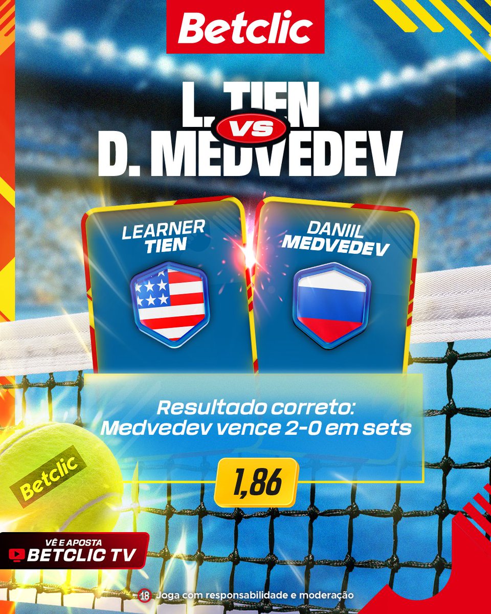 🎾🎩 A dica do Admin para Shangai! Medvedev vence 2-0 em sets? Odd 1,86! Só para verem a confiança do menino, se isto não bater sorteamos 5€ de Freebets para 10 pessoas!

- Dá RT + Like
- Comenta o teu Username Betclic

1 comentário por pessoa, válido até às 13:00.