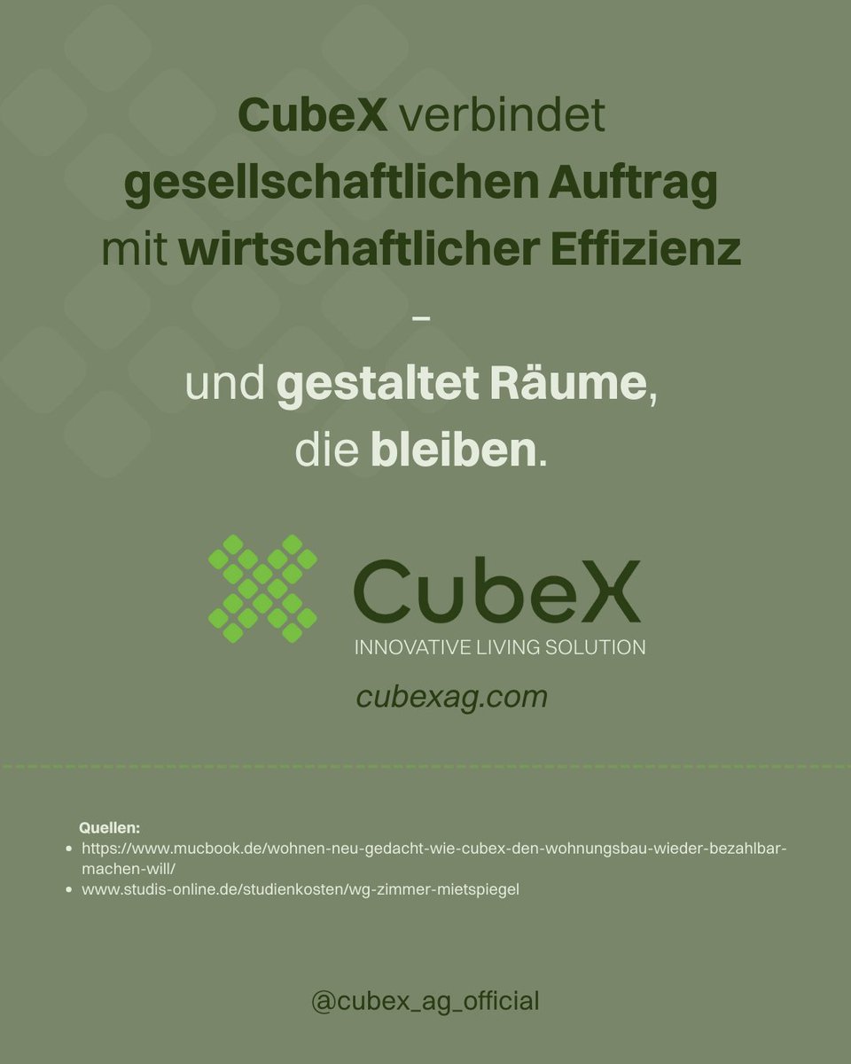 Ein „Weiter so“ reicht nicht mehr.
Wohnungsnot betrifft besonders Studierende, Singles und Familien mit geringem Einkommen. Steigende Baupreise und hohe Mieten verschärfen den Druck.

🏗️ CubeX: weil Wohnen Zukunft braucht.
#WohnbauDerZukunft #CubeXRevolution #NachhaltigBauen