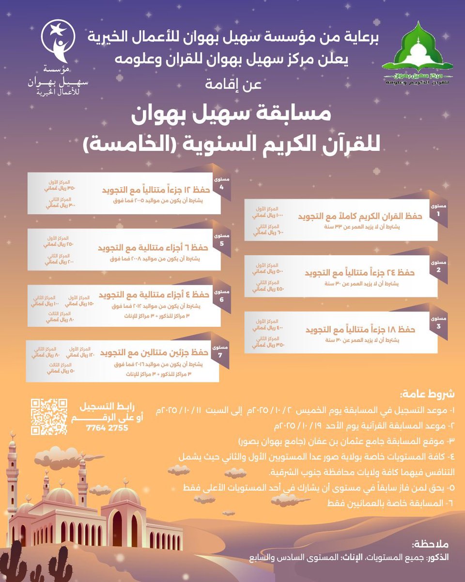 برعاية مؤسسة سهيل بهوان للأعمال الخيرية
يعلن مركز سهيل بهوان للقرآن الكريم وعلومه عن تنظيم المسابقة السنوية الخامسة للقرآن الكريم.

وعلى الراغبين في التسجيل ممن تنطبق عليهم الشروط، التفضل بالتسجيل عبر الرابط المرفق أو من خلال مسح رمز الاستجابة السريع (QR Code).

للتسجيل 👇🏻