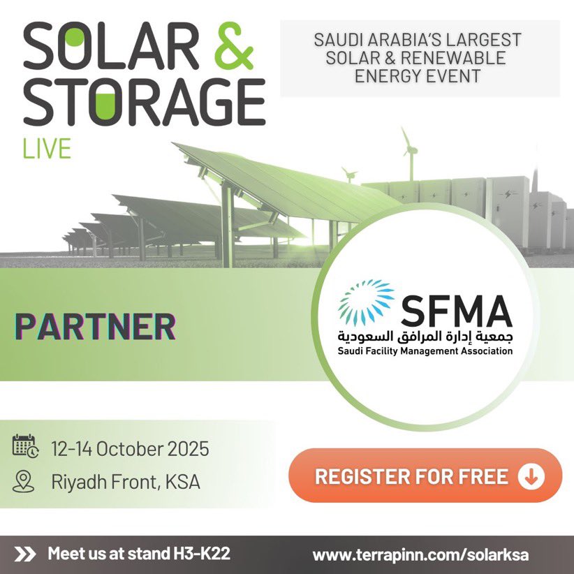 يسعدنا جمعية إدارة المرافق السعودية أن نكون شريكًا رسميًا في معرض الطاقة الشمسية والتخزين – الرياض ٢٠٢٥، دعمًا للرؤية الوطنية نحو مستقبل مستدام وكفاءة أعلى في إدارة المرافق والطاقة.
📅 ١٢ – ١٤ أكتوبر ٢٠٢٥
📍 واجهة الرياض للمعارض والمؤتمرات

#الطاقة_الشمسية #الاستدامة