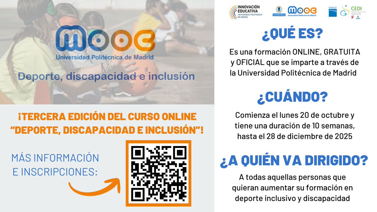#Estudiantes👨‍🦯III edición del curso 𝗠𝗢𝗢𝗖: "Deporte, Discapacidad e Inclusión"
💻100% online, Gratuito 
🗓️Del 20 de octubre y finalizando el 28 de diciembre
👉No pierdas la oportunidad de aumentar tu formación en #discapacidad y #deporteinclusivo
📝short.upm.es/fhfj8