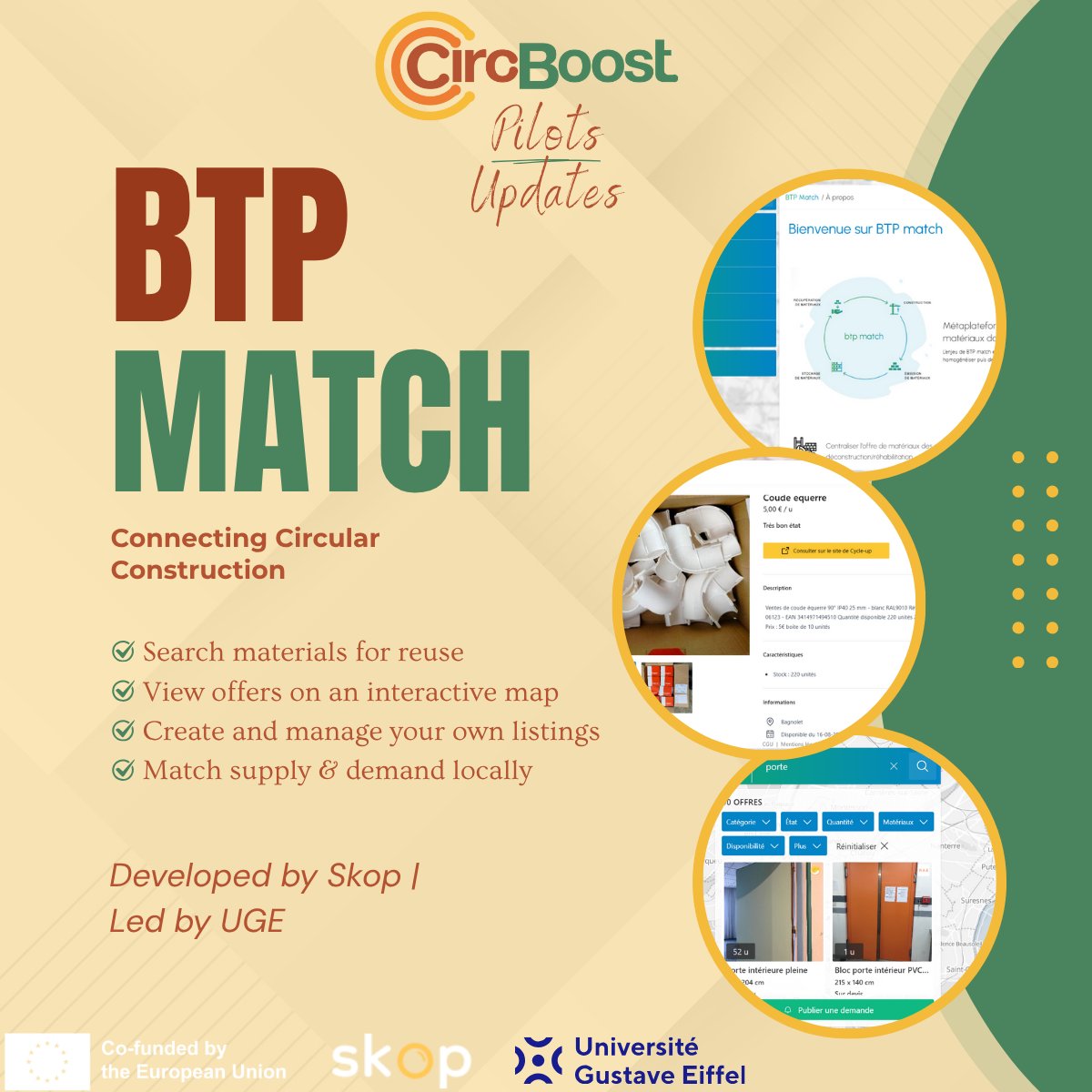 CircBoost's tweet image. 🧩 Pilot Update from Paris!
BTP Match is a digital tool matching reused building materials to local demand.

Led by @Cap_Digital  Digital, with @UniEiffel_VPInt and Skop.

MoUs signed with 3 local authorities!

📎 circboostproject.eu/pilot-2-paris-…

#CircBoost #Pilot2 #CircularConstruction