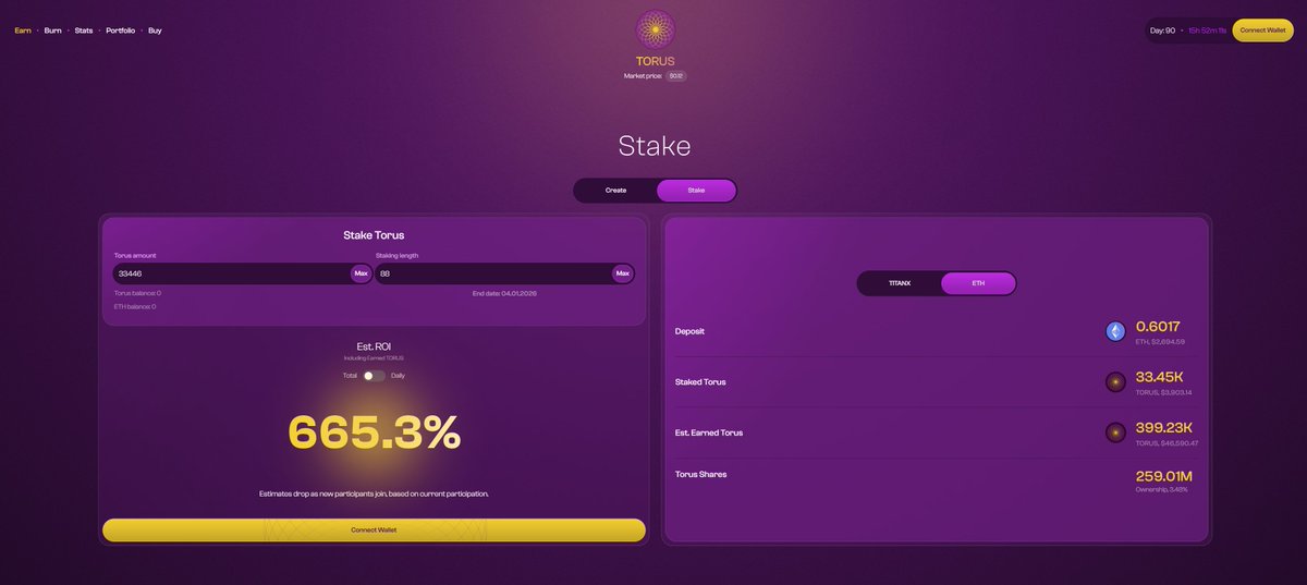 TORUS | 88 Day Power Cycle ⚡️

1 ETH buys you 33,446 TORUS ($3.9K).

Stake it with 0.6 ETH, and after 88 days, it compounds into 399,230 TORUS, worth $46,590.

That's 665% ROI!

Daily burns. Daily Rewards.
The new era of compounding has begun.

torus.win/earn

#TORUS