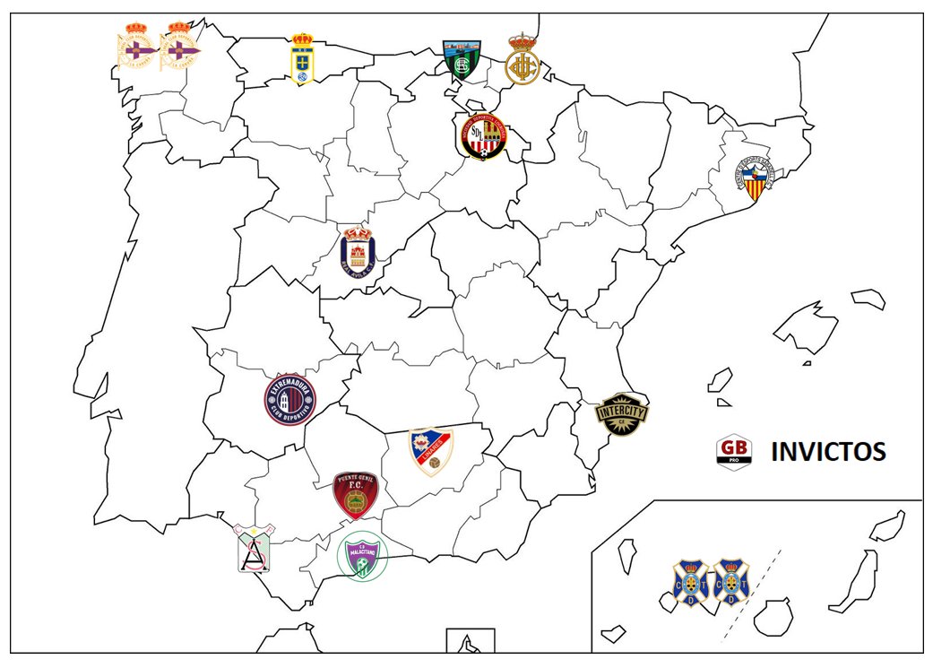 GradaBpro's tweet photo. ✅ Este es el mapa donde todos los equipos quieren estar. 

Solo 16 equipos, de los 172 que conforman las 4 principales categorías nacionales, no conocen la derrota en liga:
➡️ @RCDeportivo 
➡️ @CDTOficial 
➡️ @atcosanluqueno 
➡️ @CESabadell 
➡️ @Linares_Dptvo 
➡️ @CDExt1924 
➡️ @SDLogrones 
➡️ @SestaoRC 
➡️ @REALUNIONCIRUN 
➡️ @RealAvilaCF 
➡️ @SalermPG 
➡️ @CDUMalacitano
➡️ @CFIntercity 
➡️ @DeporCanteira 
➡️ @CdtCantera 
➡️ #RealOviedoVetusta