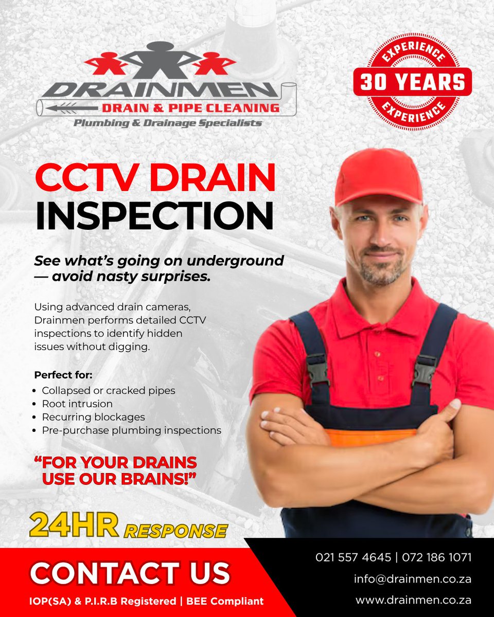DrainmenRSA's tweet photo. Don’t wait for hidden drain disasters!

Drainmen’s CCTV Drain Inspections reveal root intrusion, collapsed pipes &amp; blockages — no digging needed. Ideal before buying, selling, or repairing.

📞 021 557 4645 | 072 186 1071
📧 info@drainmen.co.za
https://t.co/cjpM7S1uiu

#Drainmen https://t.co/g2Bqdn5sS8