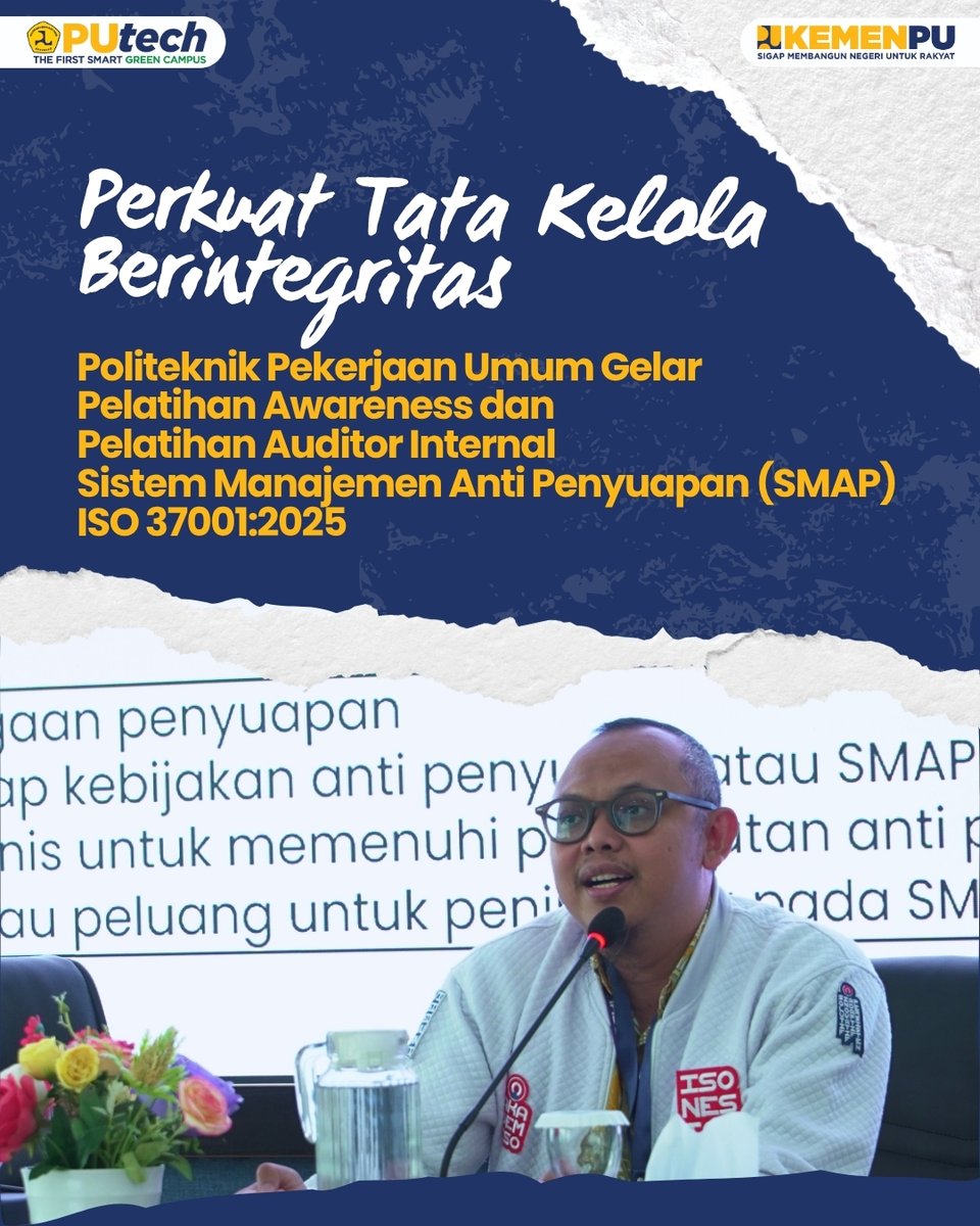 politeknikpu's tweet photo. Perkuat Tata Kelola Berintegritas

Politeknik Pekerjaan Umum (PUtech) menyelenggarakan Pelatihan Awareness dan Pelatihan Auditor Internal SMAP ISO 37001:2025. 

 🔗https://t.co/6VBjZlAiOR

#SigapMembangunNegeriUntukRakyat #BPSDMPU #PUtech #TangguhdanUnggul #SmartGreenCampus #SMAP https://t.co/xJY2bsWS3m