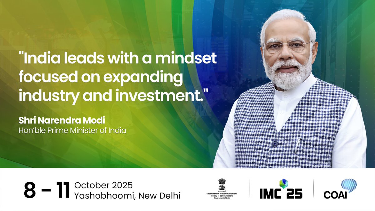 exploreIMC's tweet photo. At the Inauguration of #IMC2025, Honb’le PM Shri @narendramodi  emphasized how India leads not just with technology — but with a mindset that prioritizes growth, scale, and investment. 💼📈

#PMAtIMC #IMC2025 #DigitalIndia #TechEconomy #InnovatetoTransform

@ConnectCOAI @DoT_India