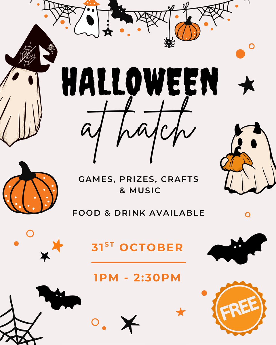 Halloween at hatch🎃👻 

We’re the ghostess with the mostess and opening our doors for a Halloween Fair on Friday October 31st, 1-2.30pm 🕷️
FREE for children aged 8-16yrs, younger siblings are welcome! 🧙🏻
Please book a ticket via Eventbrite

eventbrite.co.uk/d/united-kingd…