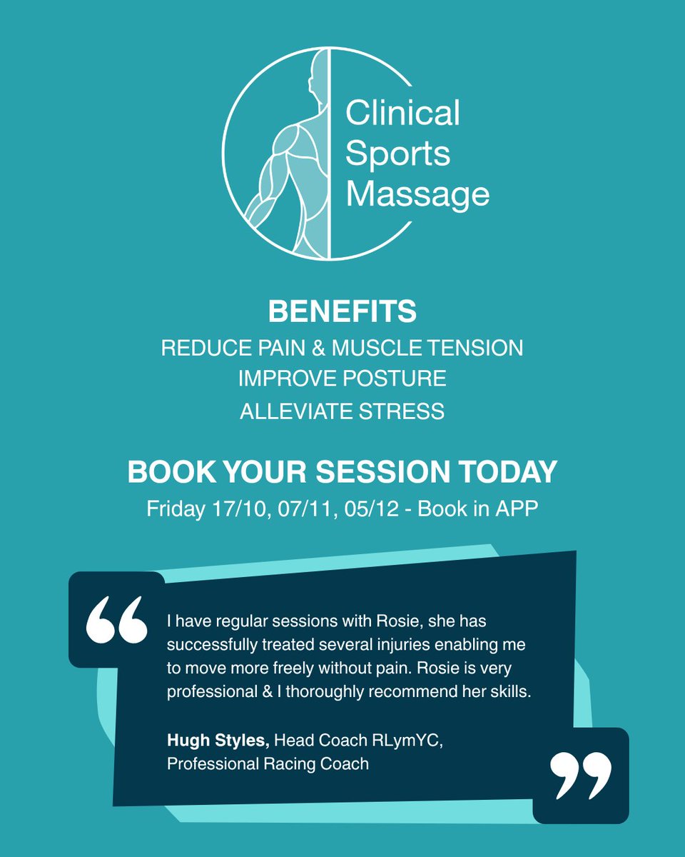 Clinical Sports Massage at RLymYC - Do you suffer from Pain or muscle tension? |  Sailing injuries? |Postural issues? Clinical Sports Massage can help!  Members Book Now: ow.ly/QjGT50X7Sm2