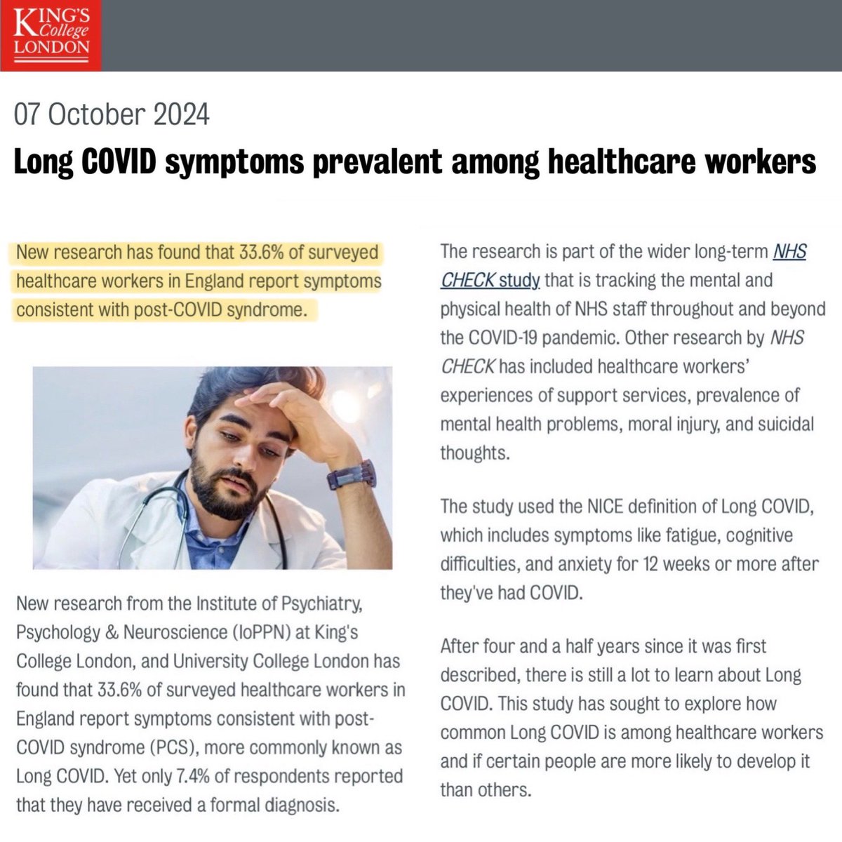 <a href="/NHSEngland/">NHS England</a> A recent study from KCL showed that:

🚨Over a THIRD of healthcare workers in England are now suffering from Long Covid.

Why are you not protecting healthcare workers from repeated COVID infections?

💉 NO vaccinations
😷 NO FFP masks
💨 NO clean air

kcl.ac.uk/news/long-covi…