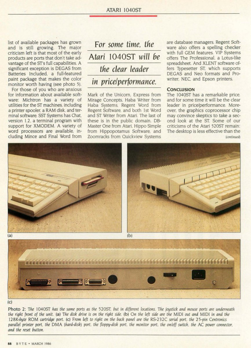unix_byte's tweet image. When the Atari 1040ST appeared in 1986, BYTE featured it on the cover with the headline: “A megabyte of memory for $999.” The 1040ST was the first mass-market computer to include one megabyte of RAM, a 16/32-bit Motorola 68000 CPU, and a graphical interface derived from Digital…