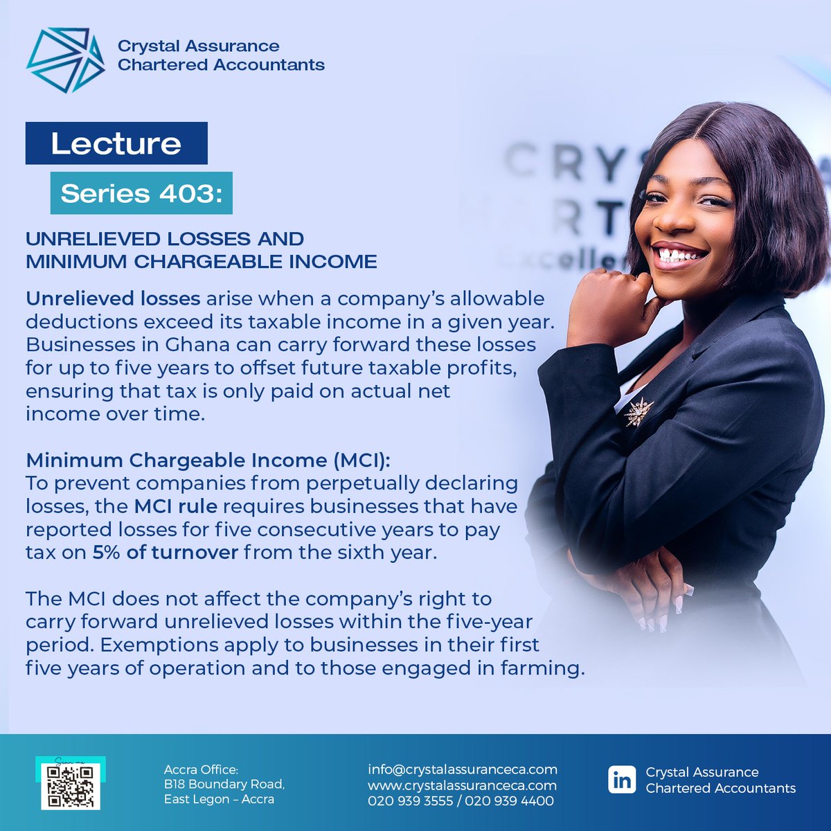 crystalaca_'s tweet image. Lecture Series 403: Unrelieved Losses and Minimum Chargeable Income
#crystalassuranceca #lectureseries #Audit