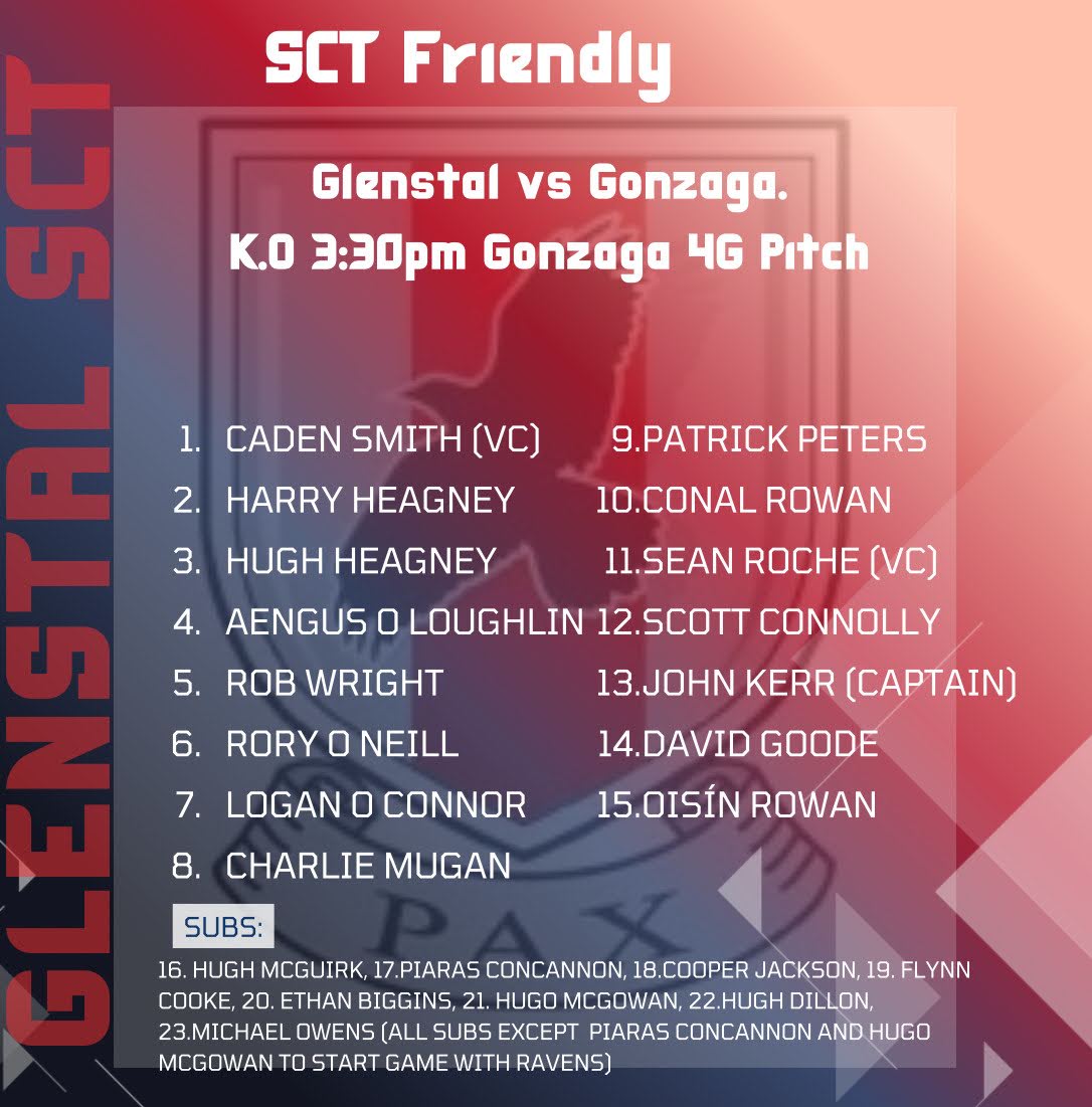 GlenstalSchool's tweet photo. 🏉 Team announcements for today's SCT and Ravens rugby fixtures v Gonzaga College 🔴⚪ #glenstalabbeyschool https://t.co/c0ydsGkxIr