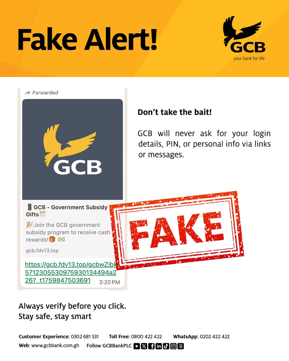 GCBBankPLC's tweet image. SCAM WARNING!
See this message? IGNORE IT.
Rule 1: GCB will NEVER call or text for your login details or PIN.
Delete it. Block it. Report it.
#ScamAlert #GCBCares #YourBank4Life