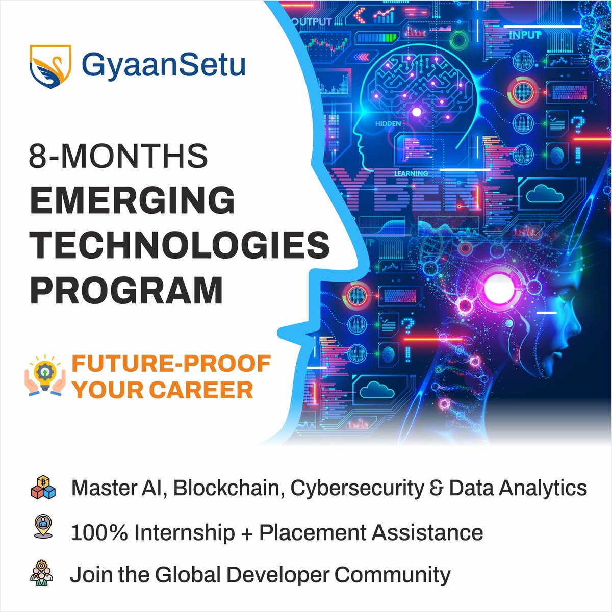 GyaanSetu_Edu's tweet image. 🚀 Future-Proof Your Career with GyaanSetu’s 8 -Month Program!

✅ Placement Guaranteed
✅ 4 Live Projects 
✅ 6 Months Training + 2 Months Internship
👉 Enroll now!

 #PlacementGurantee #GyaanSetu #EdTechRevolution #FutureReady #AI #Blockchain #DataAnalytics #Cybersecurity