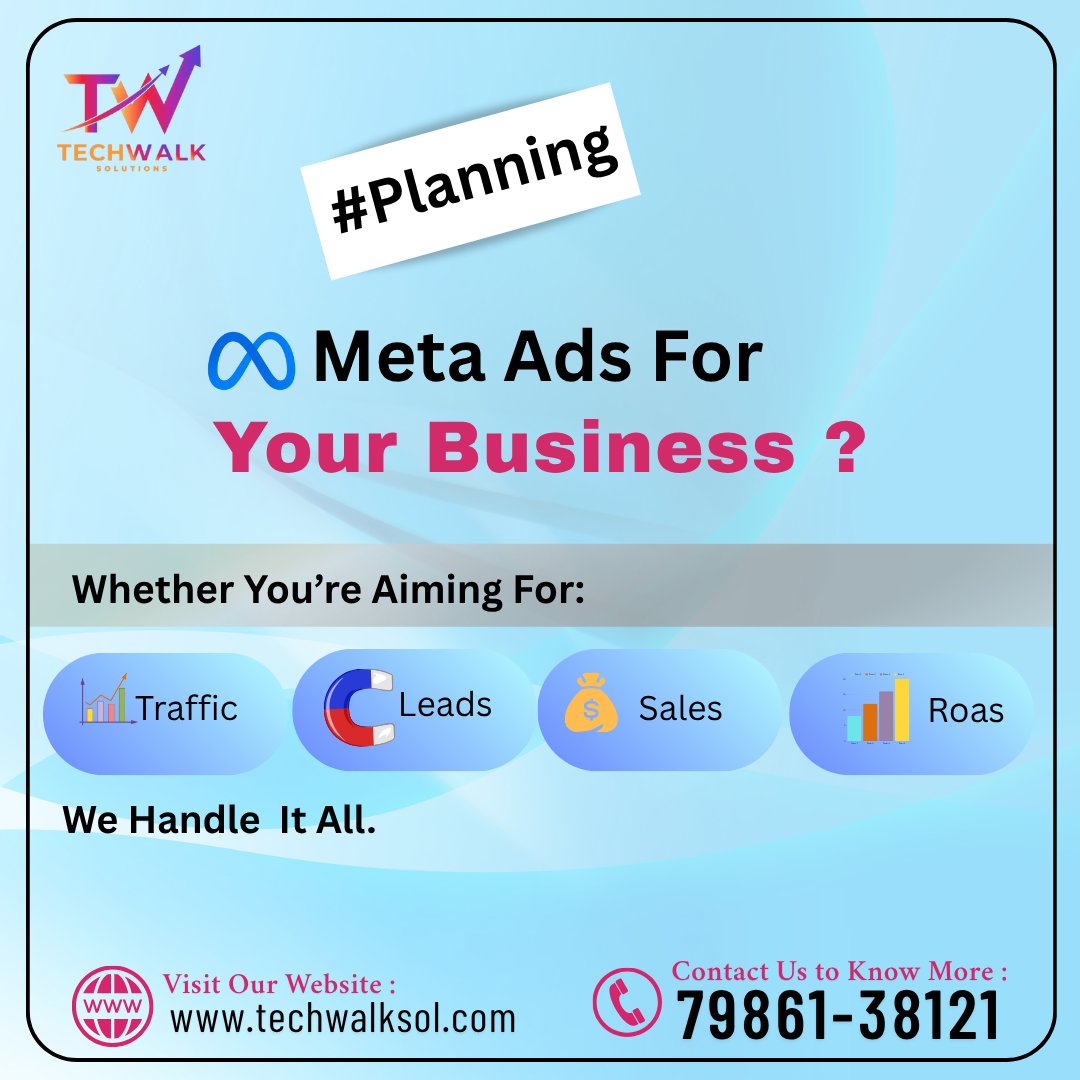 SolTechwalk3278's tweet image. Boost your business with powerful #MetaAds ๐
From traffic & leads to sales & ROAS โ we handle it all! ๐
Let #TechwalkSolutions help you grow smarter, faster.
๐ techwalksol.com | ๐ 79861-38121
#FacebookAds #InstagramAds #DigitalMarketing #OnlineGrowth #AdStrategy