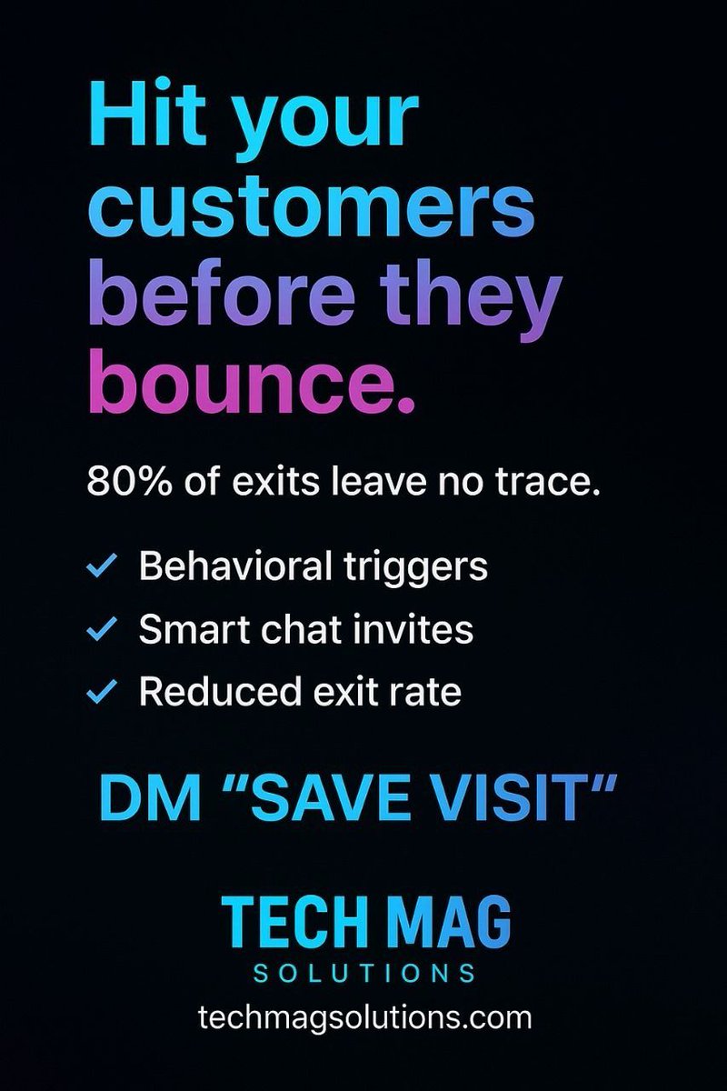 techmagsolution's tweet image. Hit your customers before they bounce.
80% of exits leave no trace. AI triggers help-popups & chatbot invites before they go.
✅ Behavioral triggers
✅ Smart chat invites
✅ Reduced exit rate
🛑 DM “SAVE VISIT”
🌐 Website: techmagsolutions.com