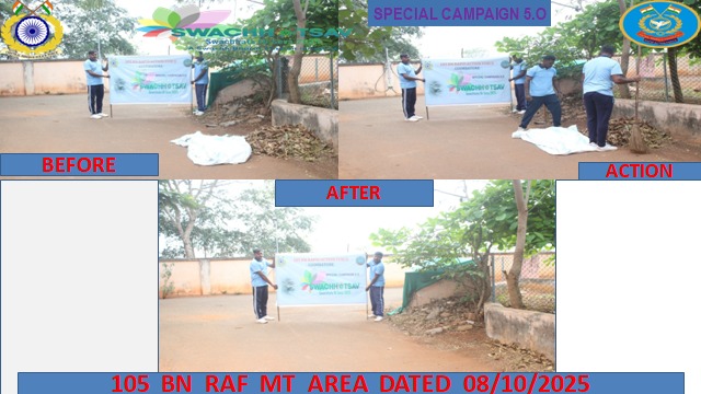 Under the implementation phase of Special Campaign 5.0 for Institutionalizing Swachhata , personnel of 105 RAF carried out the cleanliness drive at ORs Barrack area and MT area of the unit ."Cleanliness is next to godliness."
#SpecialCampaign5