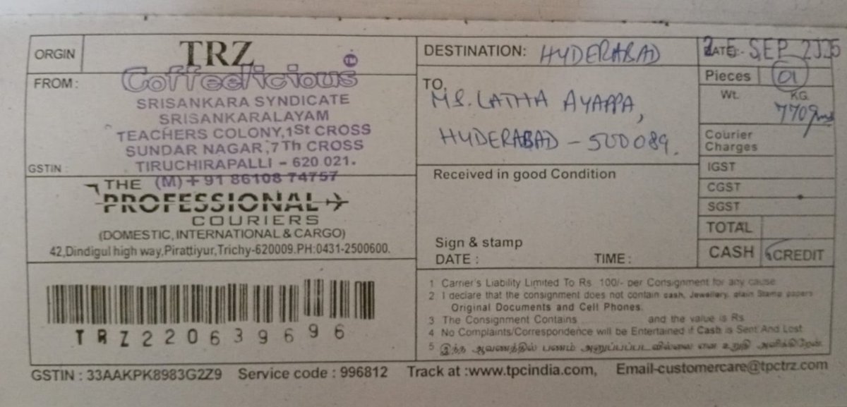 lathaayappa's tweet image. Booked a parcel with The Professional Couriers (TRZ220639696) from Tiruchirapalli to Hyderabad on 25th Sep still not delivered! 😡 Over 10 days, multiple follow-ups, no update or accountability. unprofessional service, @TPCGlobeCares @TPC_India #CourierDelay #PoorService