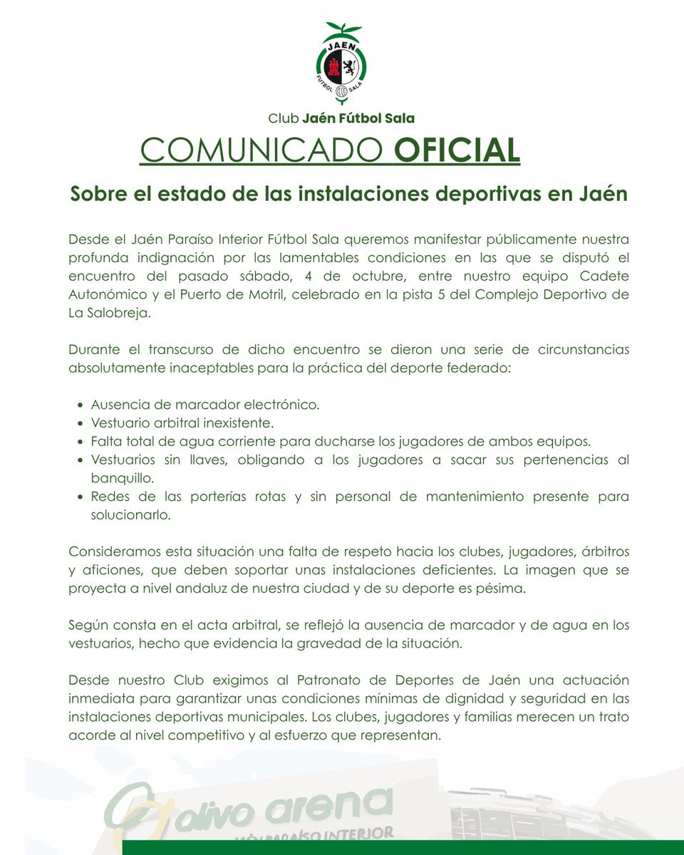 ✍🏻 𝗖𝗢𝗠𝗨𝗡𝗜𝗖𝗔𝗗𝗢 𝗢𝗙𝗜𝗖𝗜𝗔𝗟 | Sobre el estado de las instalaciones deportivas en Jaén

#SomosJaén💛