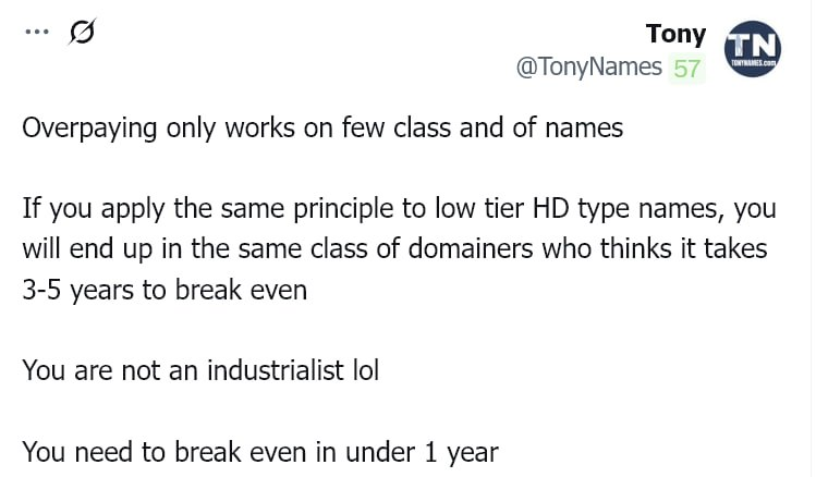 DN_Lift's tweet photo. @TonyNames @Furquah13 In this tweet, you criticized holding domains for a long time and asking for high prices. Now, when someone follows exactly what you advised (selling quickly and reasonably). 
you seem to contradict your earlier statements by supporting the opposite approach https://t.co/CBTCcxGURw