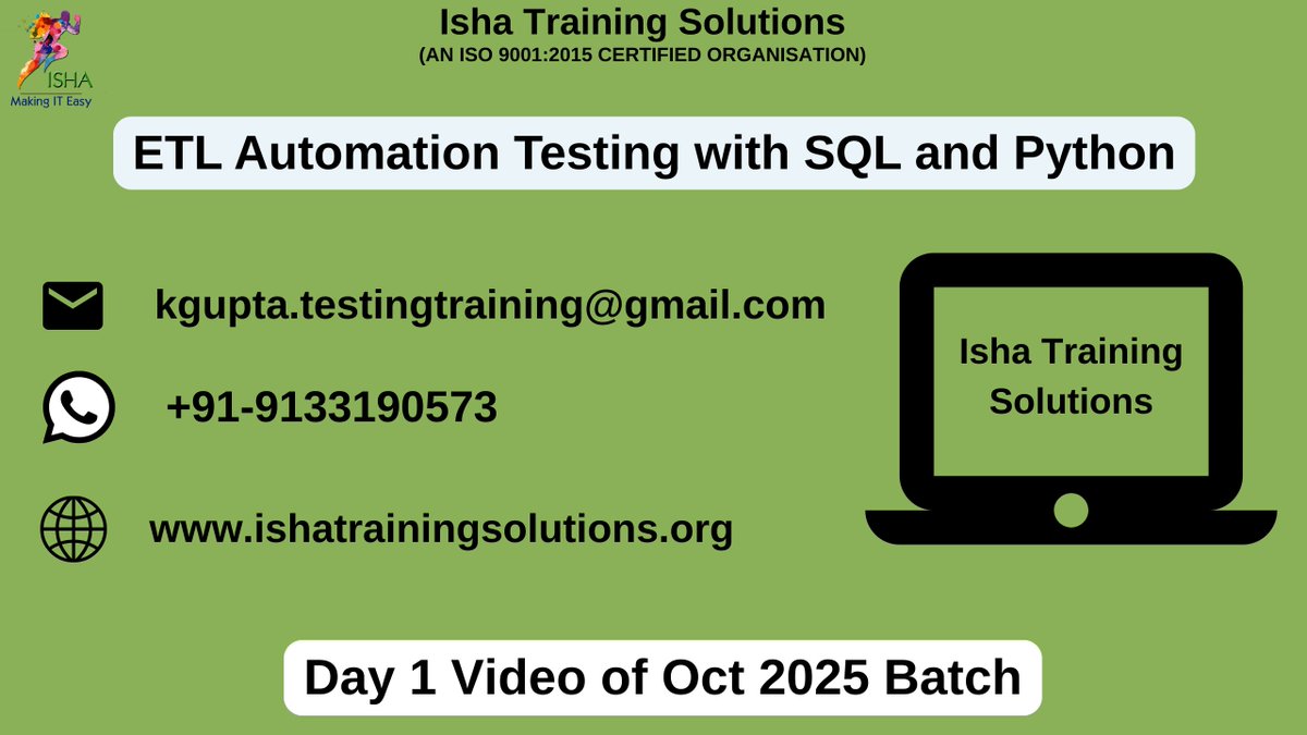 IshaKumargupta's tweet image. “ETL Automation Testing with SQL and Python&quot;-Live Training Day 1 Video
youtu.be/I3N3kHJ3puk
Regular sessions will start from:
8th Oct@9:00PM(IST)/8th Oct@11:30AM(EST)
The course Price:6,900 INR/89USD
call/WhatsApp@+91-9133190573/9052903733
#ETLTesting