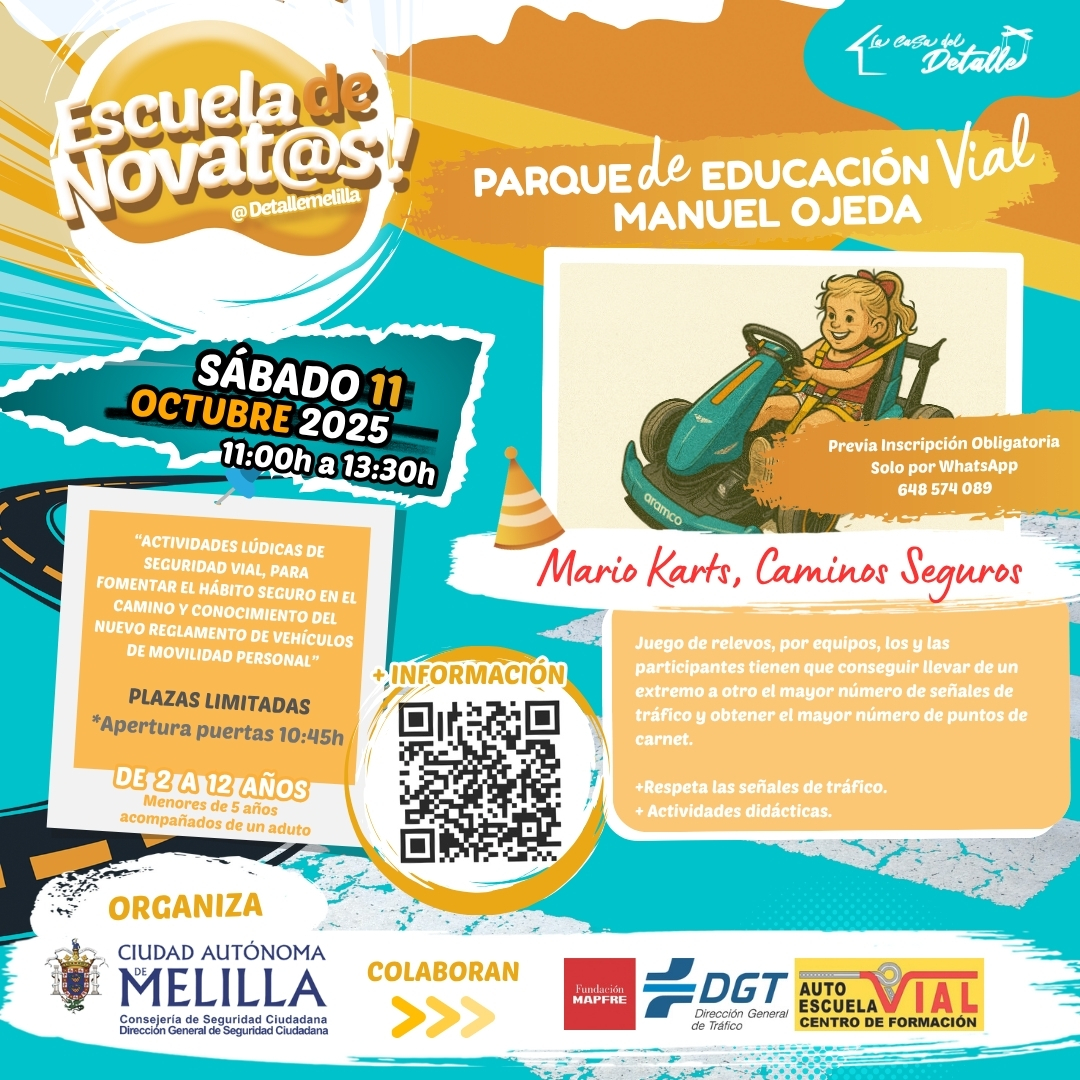 policia_localML's tweet image. 👮@policia_localML
📆 El próximo sábado 11 de octubre de 11 h. a 13:30 horas en el Parque de Educación Vial &quot;Manuel Ojeda&quot; en el Barrio del Real, comienza  -Escuela de Novatos-

Actividades lúdicas y didácticas de seguridad vial 🚶‍♀️🛴🚦⛔️🚴‍♂️ 🚷

⚠️ Para niños 👧🧒 de 2 a 12 años.