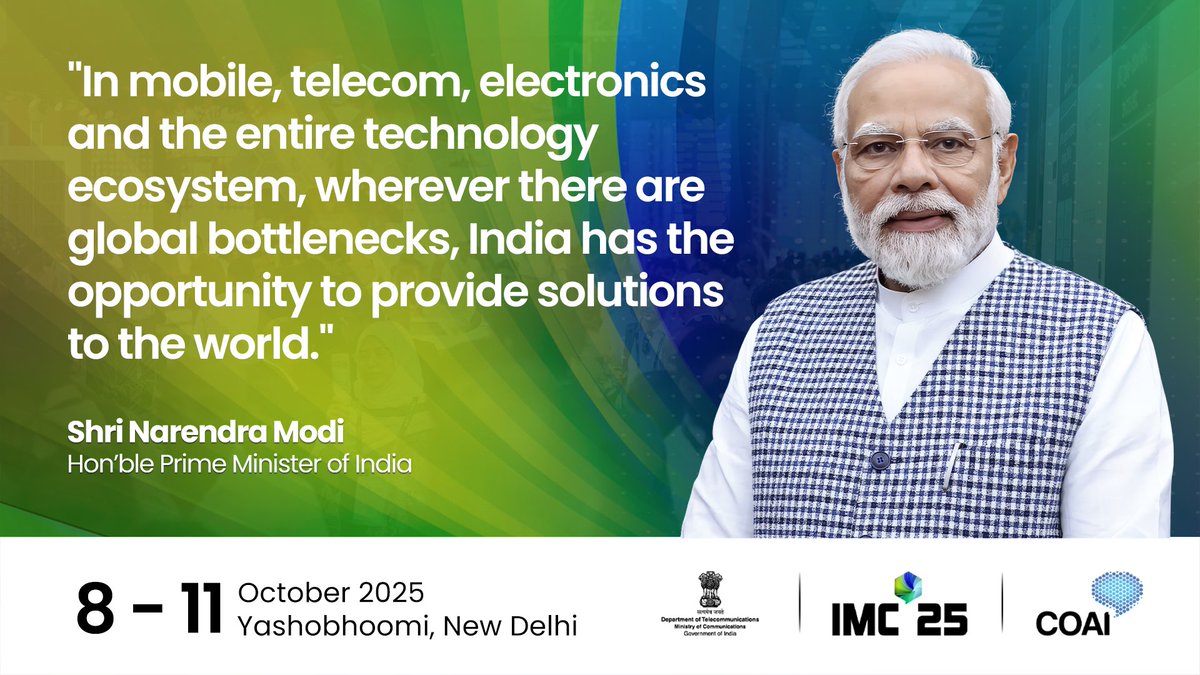 exploreIMC's tweet photo. Sharing his vision at #IMC2025 Inauguration, Hon’ble PM Shri @narendramodi  said India has the opportunity to solve global challenges — wherever the world finds roadblocks, we offer solutions. ✨

#PMAtIMC #IMC2025 #MakeInIndia #TechLeadership #InnovatetoTransform

@ConnectCOAI  @DoT_India