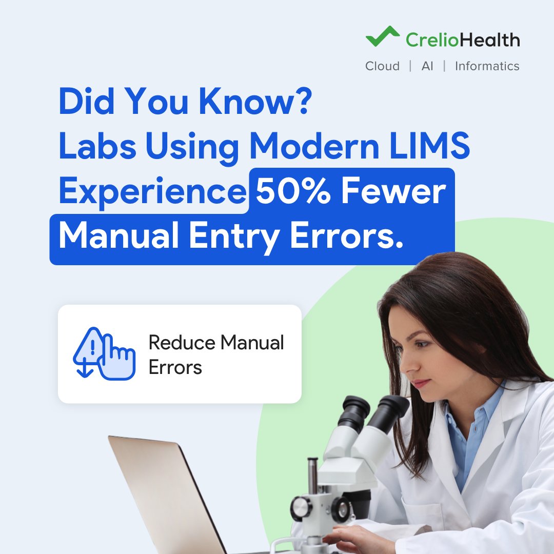 creliohealth's tweet image. Modern LIMS reduces manual errors by 50% and empowers your team to perform at its best. At CrelioHealth, we push diagnostic labs beyond limits to boost efficiency and accuracy.
Discover the difference today.
#FutureOfLabs #LabSolutions #CrelioHealth #pathology #healthcare