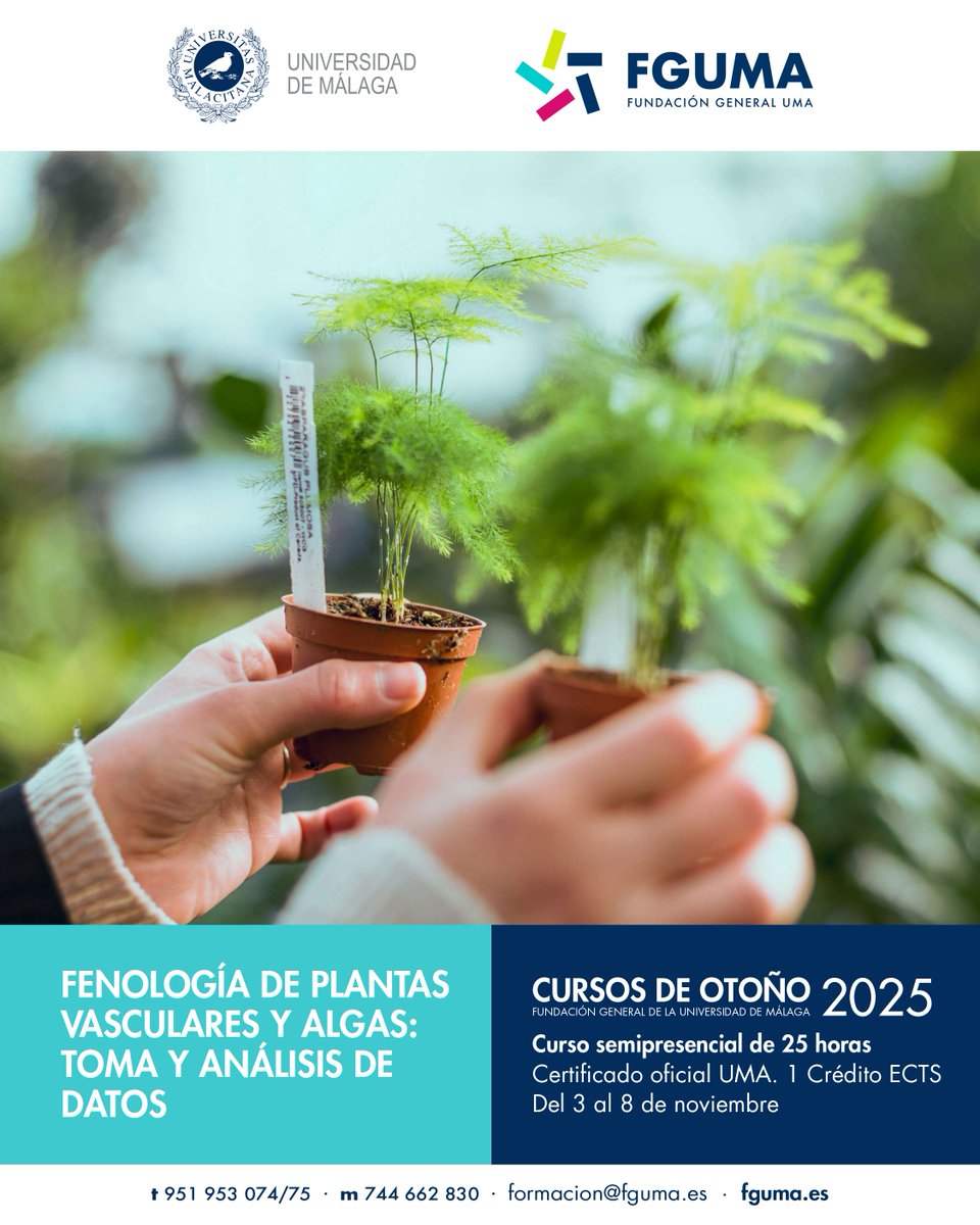 En este curso #otoñoFGUMA se formará al alumnado en los métodos para muestrear los cambios estacionales de las distintas especies de plantas vasculares y algas. Si quieres saber más acompáñanos: 
7 noviembre (15:00 – 20:00)
8 noviembre (9:00 – 14:00) fguma.es/course/fenolog…