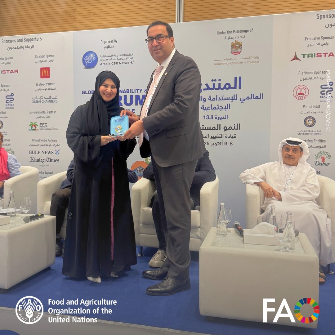 <a href="/ICBAAgriculture/">International Center for Biosaline Agriculture</a> <a href="/AlAinFarms/">Al Ain Farms</a> <a href="/ahmadmukhtar/">Ahmad Mukhtar</a> <a href="/FAOinNENA_EN/">FAO in Near East and North Africa</a> <a href="/UN_UAE/">United Nations - United Arab Emirates</a> At the 13th Global Sustainability &amp; CSR Forum, &amp; on behalf of FAO, Ahmad Mukhtar, FAO Representative a.i. to UAE, accepted an award from Arabia CSR Network, in recognition of the Organization’s leadership and contributions to sustainable and resilient agrifood systems.