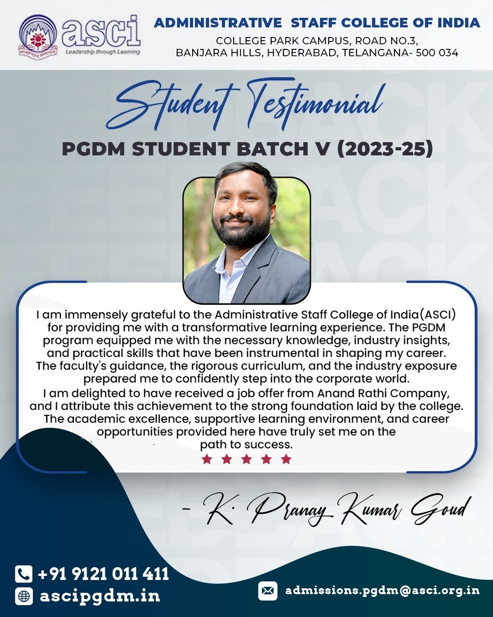 ascipgdm's tweet image. Mr. Pranay K Goud, PGDM #batch5 (2023–2025), shares his experience and key takeaways from his journey at ASCI🎓.

#ascipgdm #studenttestimonial #pgdmjourney #bschoollife #ascihyderabad #pgdm2023 #pgdm2025 #futureleader #managementstudies #CampusExperience