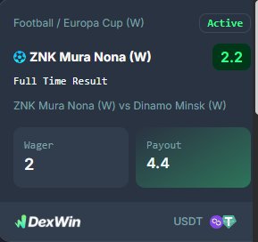 Web3Diva99's tweet image. ZNK Mura Nona ⚽ battles Dinamo Minsk in the Women’s Europa Cup!
Best betting odds in football today.
2 $USDT on ZNK Mura Nona to win 4 $USDT
Join @DexWin_Sports — the first licensed decentralized crypto bookmaker with instant bonuses &amp;amp; zero fees!