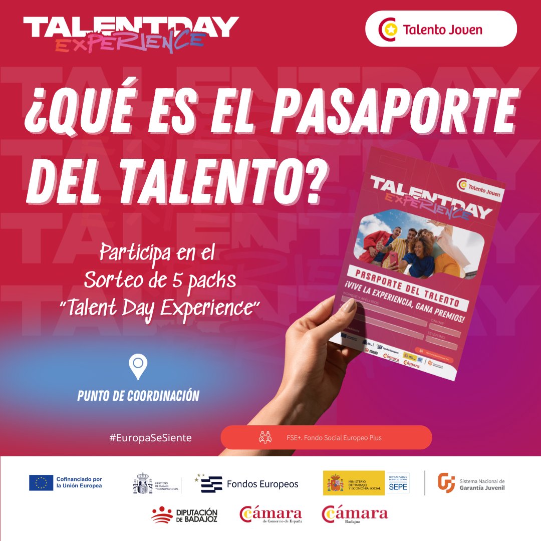 🎫 ¡Consigue tu Pasaporte del Talento!

✨ Si completas los 4 retos y entregas tu pasaporte sellado antes de las 14:00h, entrarás en el sorteo de 5 packs “Talent Day Experience” con regalos exclusivos de la Cámara de Comercio de Badajoz.
