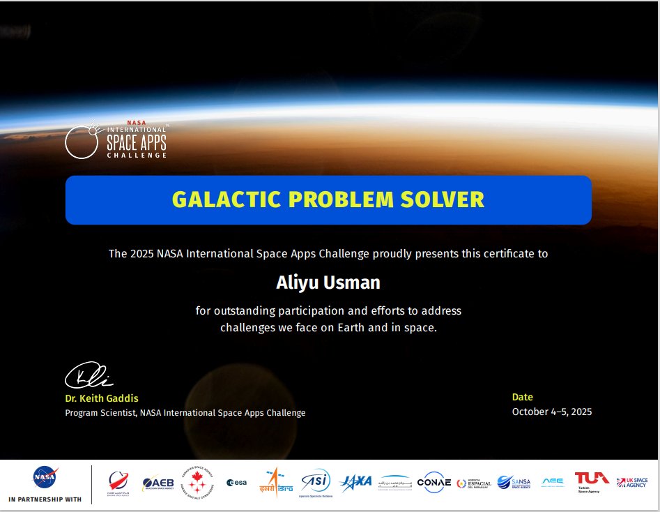 Alhamdulillah!!! Another one from <a href="/NASA/">NASA</a> Space Apps Chalenge.
