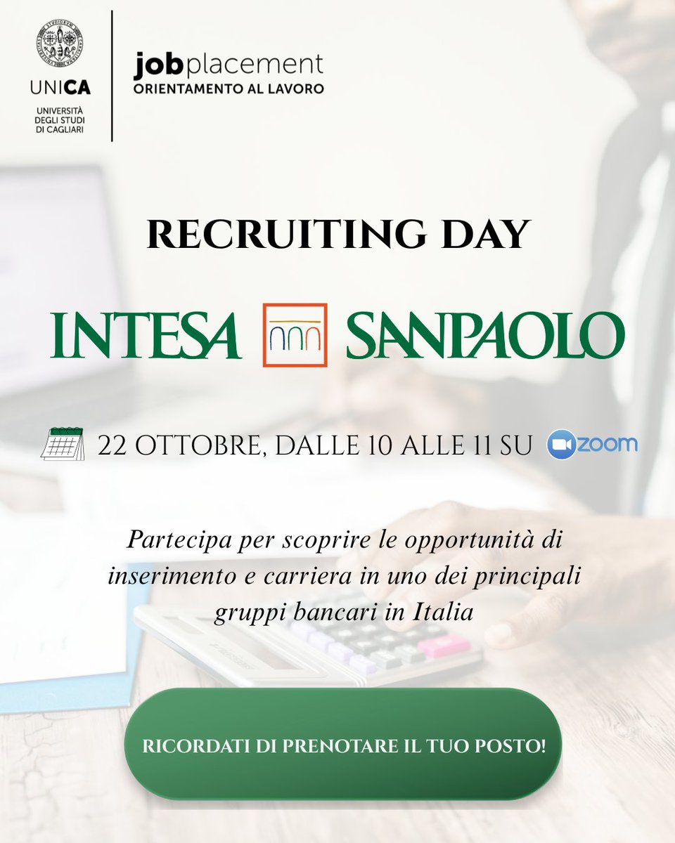 Mercoledì 22/10, h. 10-11: evento di recruiting con INTESA SANPAOLO per studenti/esse e laureati/e di UniCa. Iscrizioni👉 forms.office.com/e/GknwmwLSSy