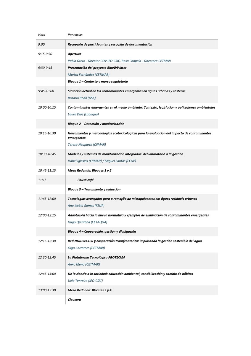 📢 🌊 WORKSHOP BlueWWater 💧
Organiza <a href="/IEOVigo/">IEO Vigo</a>  en colaboración con <a href="/BlueWWater/">BlueWWater</a>  de <a href="/FundacionCETMAR/">Fundación CETMAR</a>  
📅 29/10/2025 | 📍CETMAR Vigo
💡Expertos de España y Portugal sobre contaminantes emergentes en aguas urbanas y costeras.

🔗Inscripción: cetmar.org/seminarios/wor…

#POCTEP #CeCs
