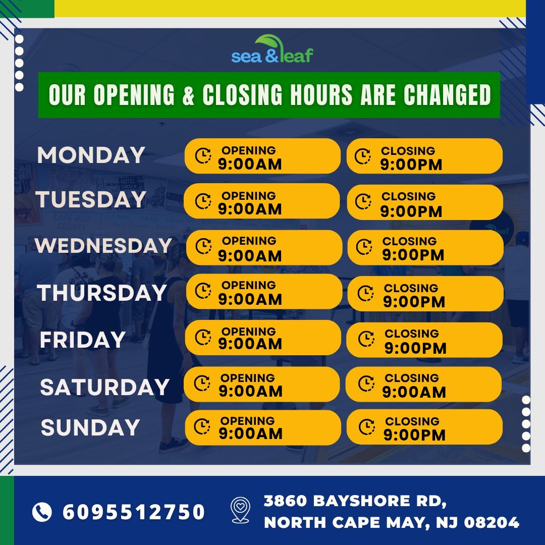 seaandleafnj's tweet photo. 👉New opening hours at Sea and Leaf! Visit us at your convenient time & enjoy our fresh collection & great offers. Stay tuned for updates!
#seaandleaf #NewHours #NowOpen #FreshCollection #StayLifted #highsociety
👉Website: https://t.co/yO395A4MMm
Find Us: https://t.co/idDD5zmwnE https://t.co/aCMkB84Auo