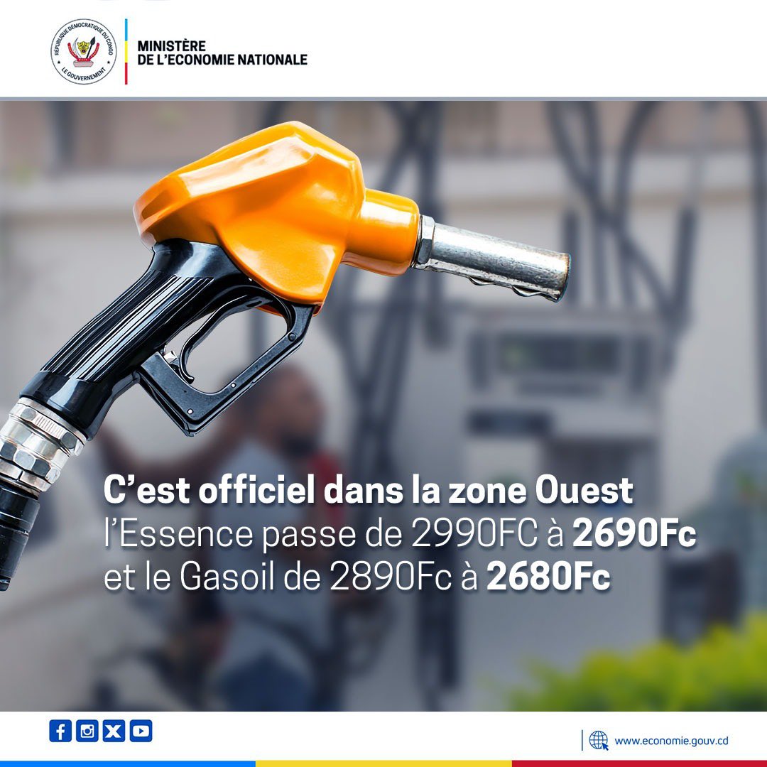 Après avoir baissé le prix du carburant dans la Zone Sud-Est au mois de Juillet dernier, Daniel Mukoko, VPM à l'Economie nationale, a annoncé, le mardi 7 octobre, la baisse des prix des produits pétroliers dans la Zone Ouest. Le prix de l'Essence passe de 2990 à 2690 Fc et celui