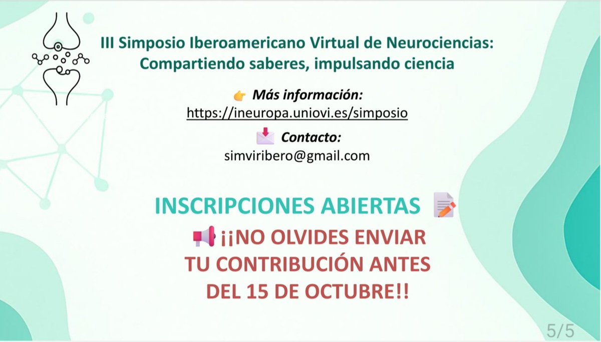 Aquí teneís un avance del III SIMPOSIO IBEROAMERICANO VIRTUAL DE NEUROCIENCIAS ✨️🧪🧠
Estas son algunas de las ponencias 📣💬 del 22 al 24 de octubre

🔗 ineuropa.uniovi.es/simposio
📮 simviribero@gmail.com
🏅 certificado por contribución

<a href="/uniovi_info/">Universidad Oviedo</a>
<a href="/FECYT_Ciencia/">FECYT</a>
<a href="/FINBAsturias/">FINBA</a>