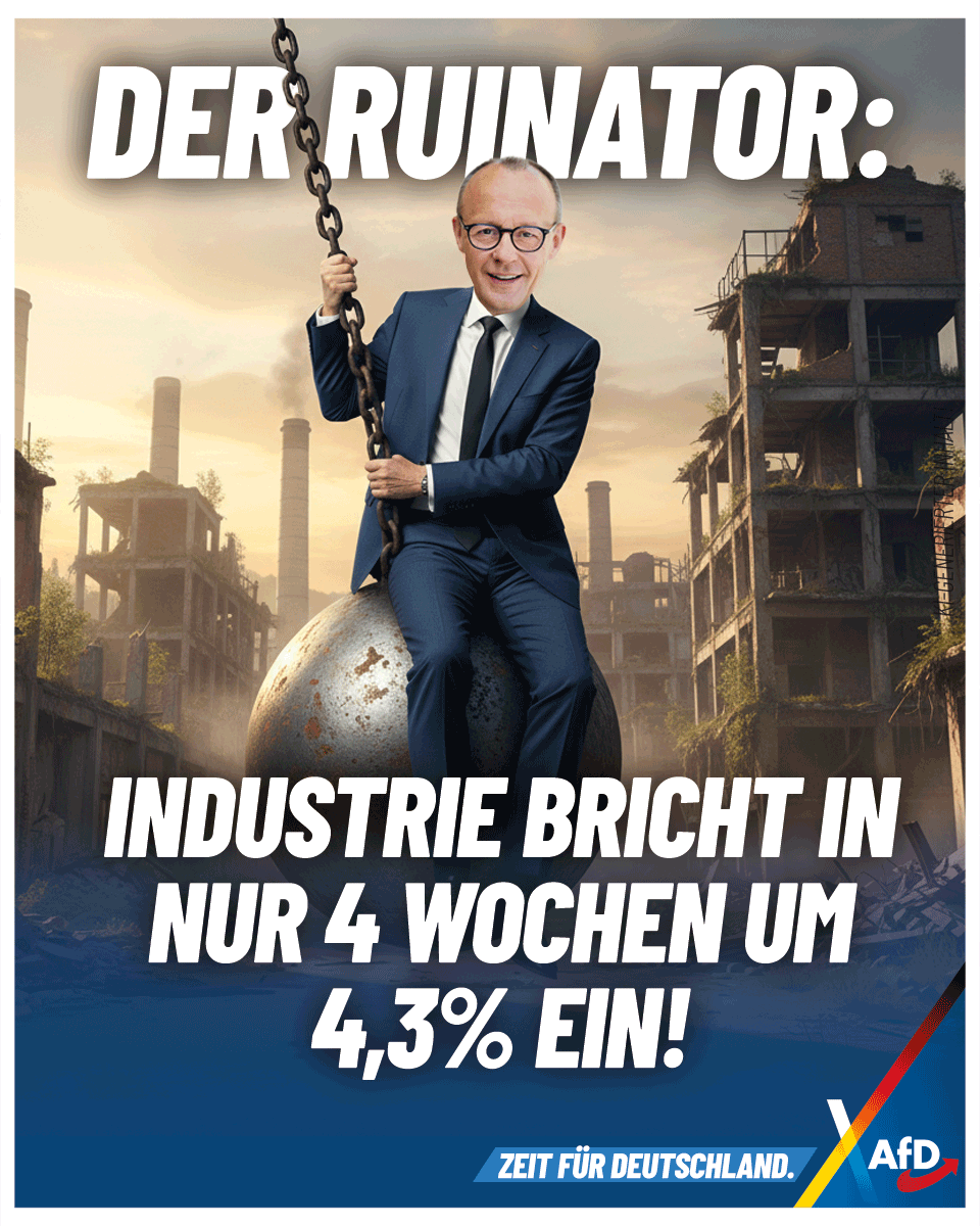 Deutschlands Industrie bricht im August um 4,3 % ein – noch stärker als erwartet. Energiepreise, Bürokratie und Steuern schwächen den Standort. Die CDU-Regierung schaut tatenlos zu. Mit uns dagegen gibt es günstige Energie, Steuersenkungen und Bürokratieabbau!