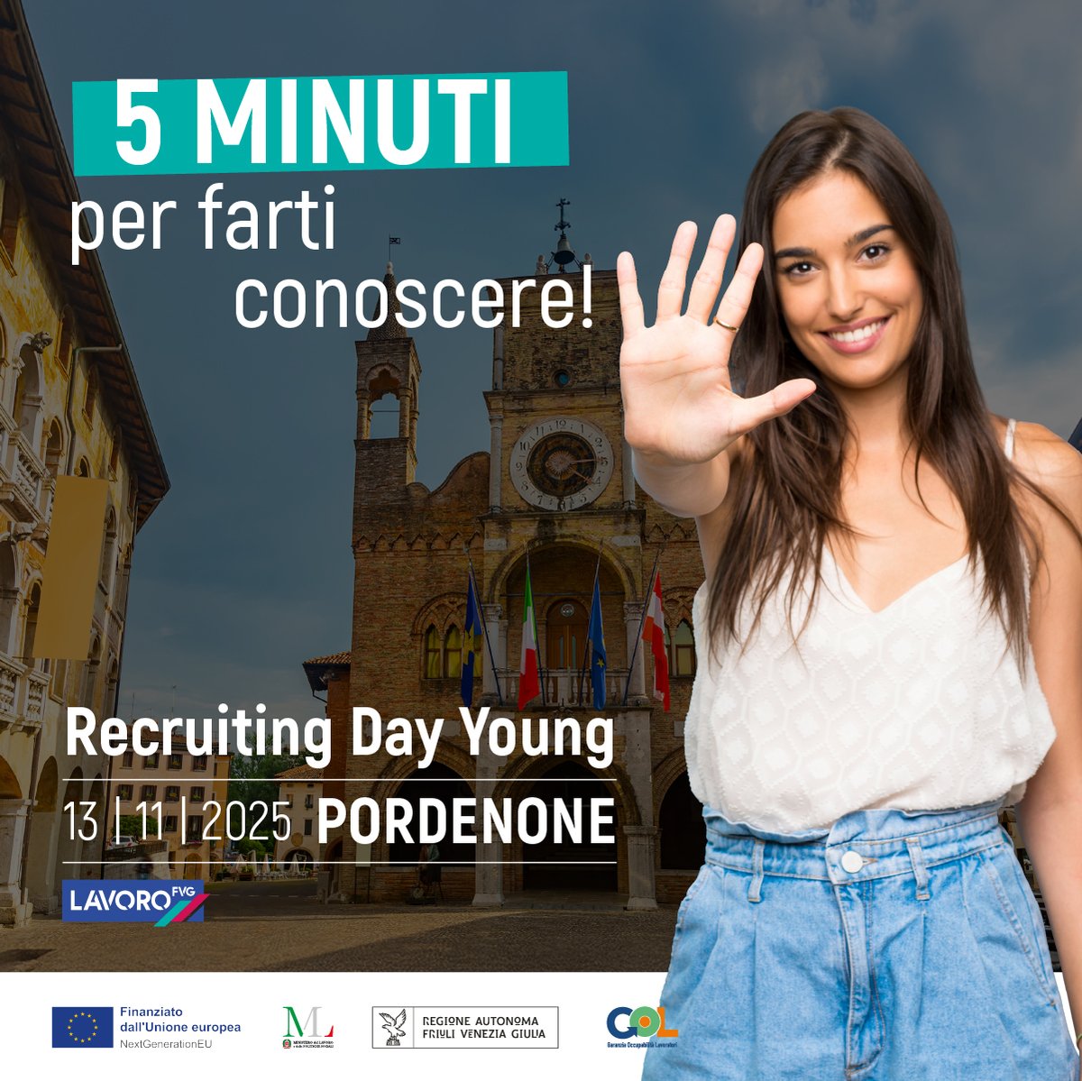 L'evento🔴Recruiting Day Young🔴arriva a #Pordenone: durante la fiera Punto Di Incontro, il 13 novembre si terrà l'evento di selezione personale rivolto a giovani under35, organizzato dai Servizi per il lavoro della #RegioneFVG. Partecipa👉tinyurl.com/5brcuwvf #giovaniFVG