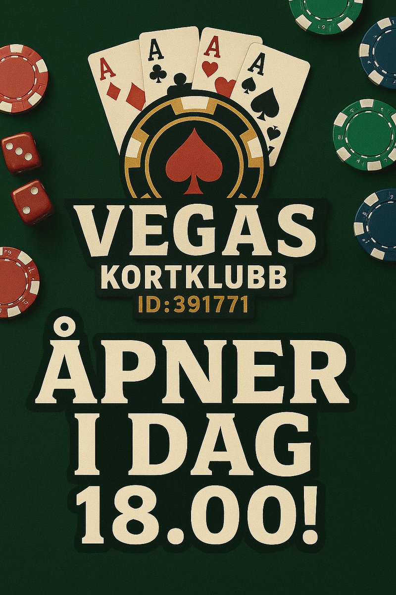 ♥️♦️♣️♠️ Liker du poker?

I dag klokken 18.00 åpner Vegas Kortklubb for første gang.

Bord er åpne fra 18.00 man - fre.
Samt fra 15.00 lør og søn.

Cash game for småspillere til storspillere.

For mer info, send meg en melding!🎉