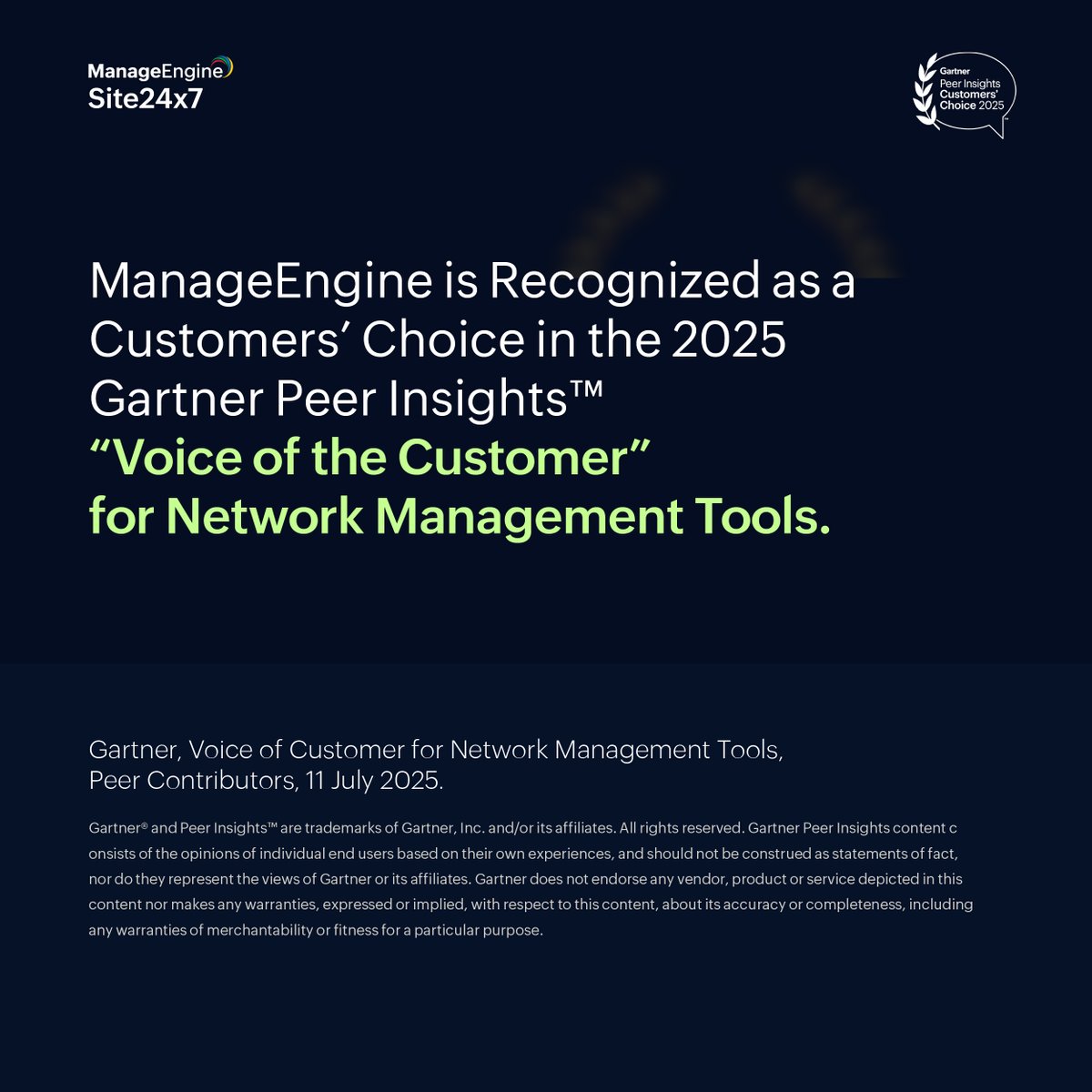 Site24x7's tweet image. We’re thrilled to be recognized as a 2025 Gartner Peer Insights™ Customers’ Choice for Network Management Tools! This honor means a lot since it’s based entirely on customer reviews.
A big thanks to our users for trusting ManageEngine!
zurl.co/PnxtC
#NetworkMonitoring